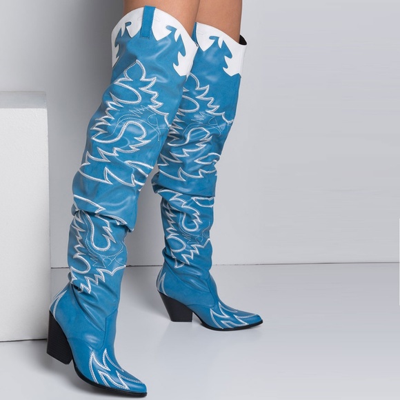 NEW🔥 Denim Blue Slouchy Embroidered Over The Knee Cowboy Cowgirl Western Boots - Picture 2 of 6